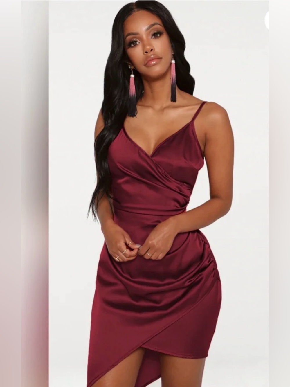 PRETTYLITTLETHING Wine Satin Ruched Midi Dress